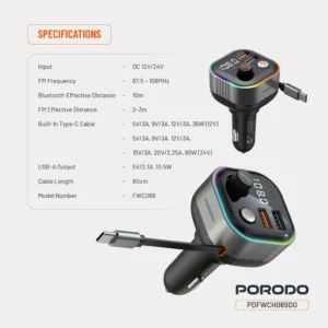 Porodo Audio Boost Bluetooth FM Transmitter Car Charger