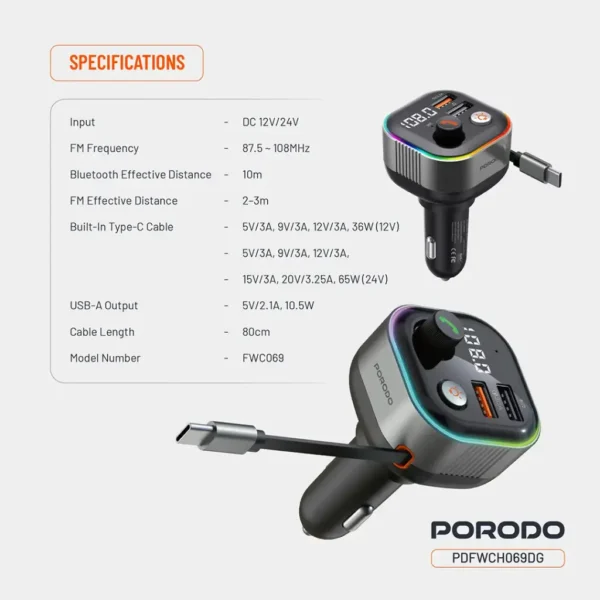 Porodo Audio Boost Bluetooth FM Transmitter Car Charger