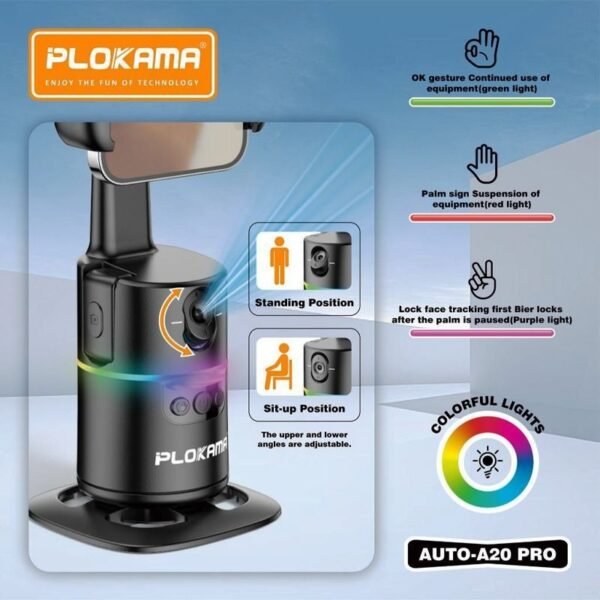 Plokama AUTO-A20 Pro Gimbal Auto Face Tracking 360 Smart Shooting Gimbal with – 2 Lights - Image 10