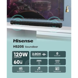 Hisense HS205 2.0ch Soundbar with 2 front speakers 60W Wireless Bluetooth HDMI ARC/Optical/AUX/USB 3EQ Modes - Image 4