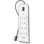 Belkin 8 Way/8 Plug Surge Protection Strip With 2 Meters Cord Length - Heavy Duty Electrical Extension Socket With 2 X 2.4 A Shared USB Ports