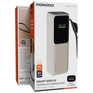 Porodo Smart Display 20000mAh Power Bank with Built-In Type-C Cable - Beige - Image 4