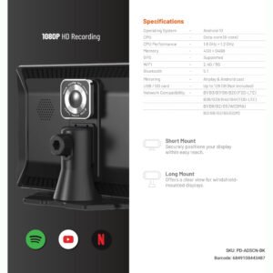 Porodo 9" Android Carplay Tablet & DVR Unlimited Multimedia & Video Recording, Built in GPS, Bluetooth 5.1, 4GB + 64GB Memory, Android 10 Operating System - Black - Image 7