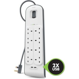 Belkin 8 Way/8 Plug Surge Protection Strip With 2 Meters Cord Length - Heavy Duty Electrical Extension Socket With 2 X 2.4 A Shared USB Ports - Image 5