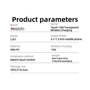 Yesido C307 Car Phone Holder with Wireless Charging, 360 Rotation Electric Locking 15W Wireless Fast Charging Transparent Car Phone Holder - Image 4